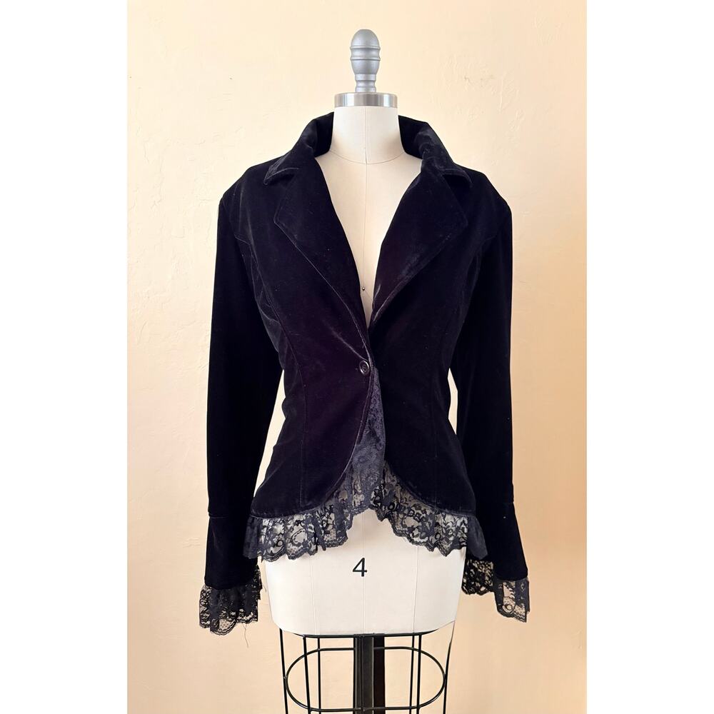 Chic Star Black Velvet Lace Trim Corset Back Whimsy Gothic Blazer Jacket M - Picture 3 of 10